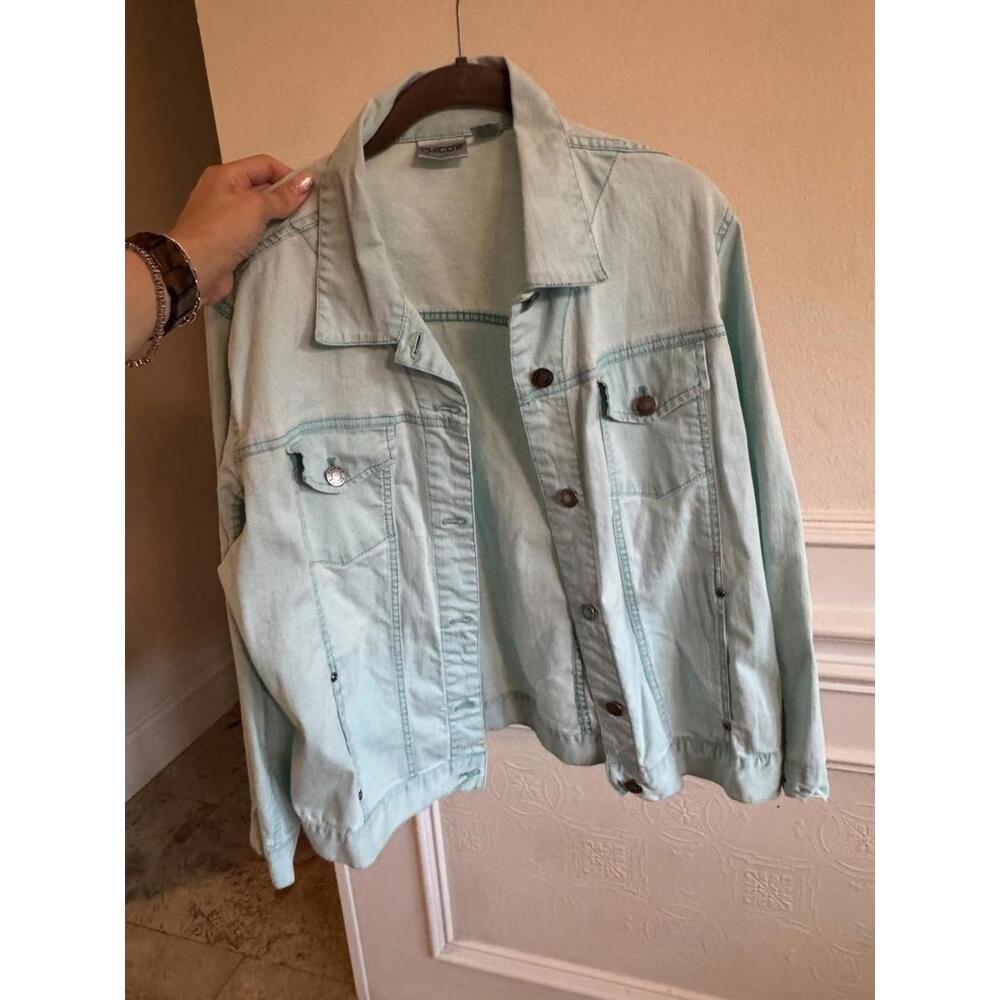 Chicos Basic Stretch Cotton Denim Jacket Teal Tur… - image 2